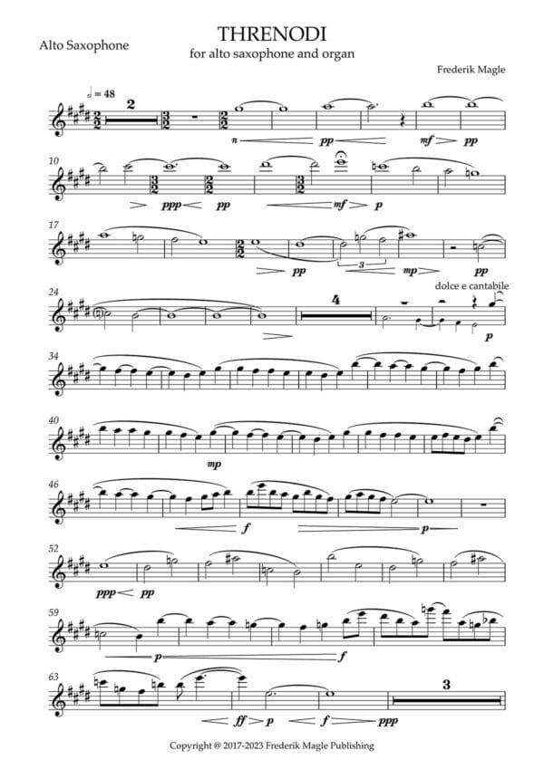 Threnodi for saxophone and organ - Alto saxophone part preview
